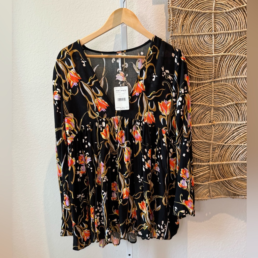 NWT FREE PEOPLE Bella Black Floral Peasant Top